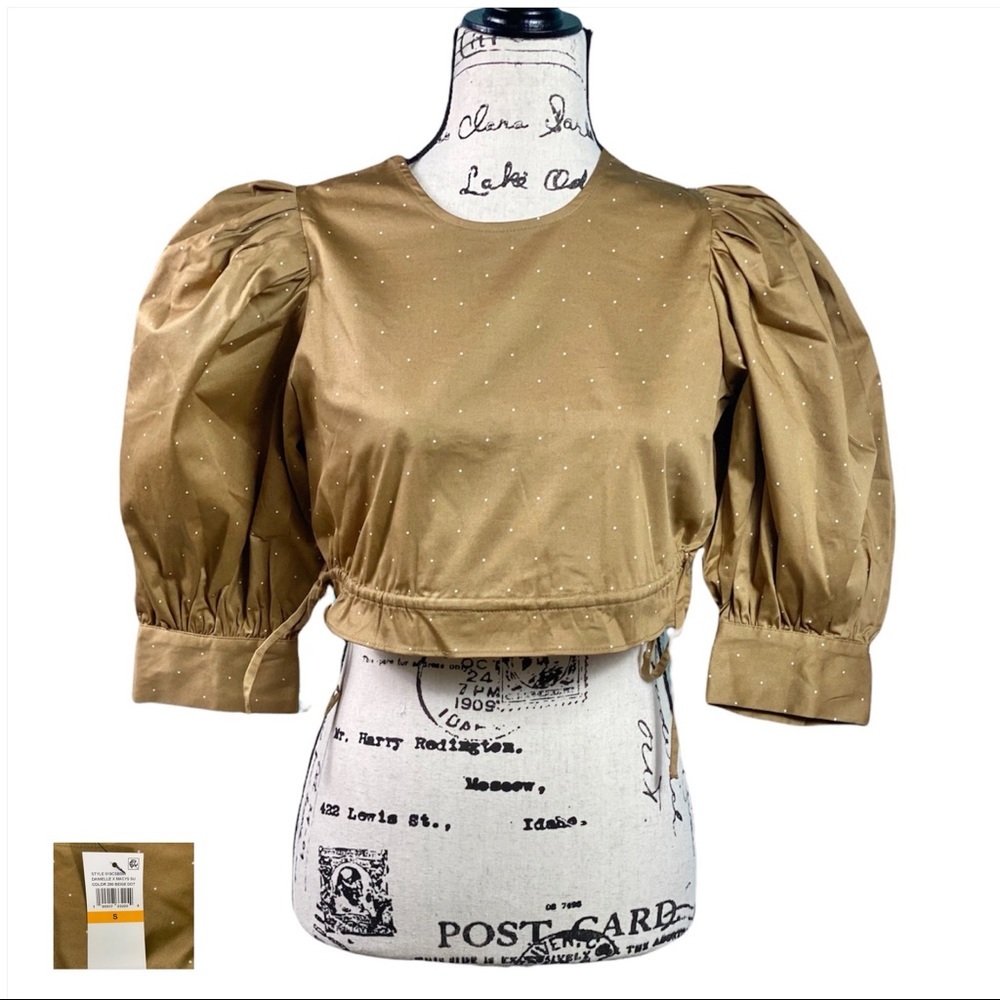 Danielle Bernstein NWT Beige Dot Puff Sleeve Side Tie Micro Dot Top